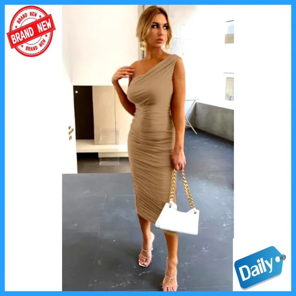 Sexy Bodycon One Shoulder Ruched Midi Dress, Polyester Spandex, Slim Fit - Picture 3 of 6
